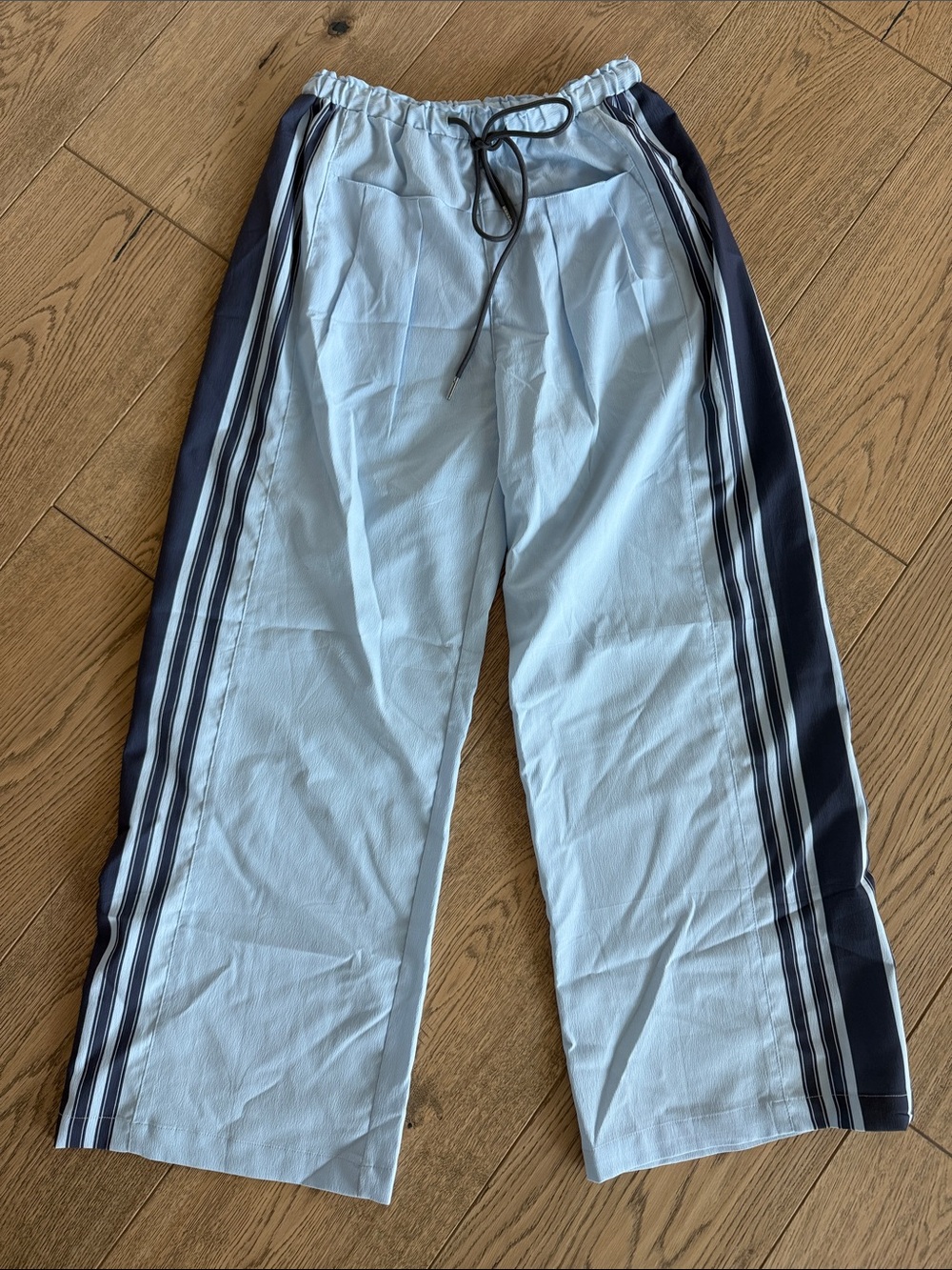 Light Blue Track Pants with Navy Side Stripes size S